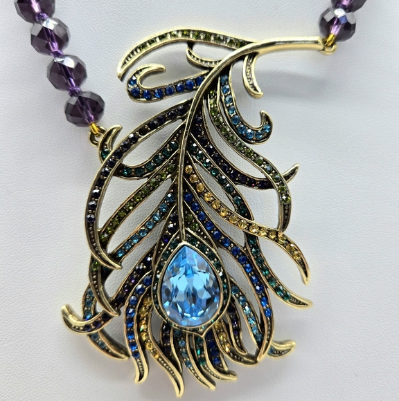 Heidi Daus Amethyst Swarovski Crystal Large Peacock Feather Necklace - Picture 7 of 14
